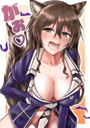  animal_ears ashigara_(kancolle) ashigara_kai_ni_(kancolle) breasts brown_eyes brown_hair convenient_censoring extra_ears female hair_between_eyes halloween highres jacket juliet_sleeves kantai_collection kemonomimi_mode large_breasts long_hair long_sleeves multicolored_neckerchief naked_jacket navel neckerchief open_mouth owada_(kousonhuchi) print_neckerchief puffy_sleeves purple_jacket solo tail translation_request wavy_hair wolf_ears wolf_tail 