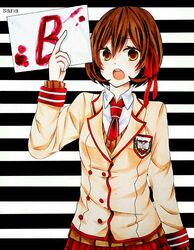  b-ko_(shuuen_no_shiori) blazer blood blood_stain blood_writing brown_eyes brown_hair buttons cardigan character_name double-breasted dress_shirt emblem female hair_between_eyes hair_ribbon highres holding holding_paper index_finger_raised jacket long_sleeves marker_(medium) monochrome_background necktie open_mouth paper plaid plaid_skirt red_necktie red_ribbon red_skirt ribbon sana_(pixiv9845436) school_emblem school_uniform shirt short_hair shouting shuuen_no_shiori_project skirt sleeve_cuffs solo striped striped_background sweater traditional_media upper_body white_shirt wing_collar 