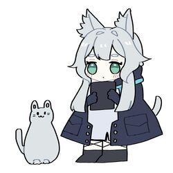  animal_ears arknights bad_id bad_twitter_id blush cat_ears cat_girl cat_tail chibi cloak closed_mouth feline female green_eyes grey_hair highres hood hood_down hooded_cloak long_hair rosmontis_(arknights) solo someyaya tail 