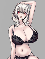  absurdres alternate_costume azur_lane black_bra black_panties blonde_hair blush bra breasts cleavage collarbone comotaro drill_hair drill_sidelocks female grey_background highres huge_breasts long_hair looking_at_viewer luetzow_(azur_lane) navel open_mouth panties red_eyes sidelocks solo underwear upper_body 