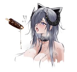  august_von_parseval_(azur_lane) azur_lane bare_shoulders black_horns blue_eyes blue_hair blush breasts chinese_commentary chocolate_banana collarbone commentary_request cross female food hair_between_eyes hair_over_one_eye heart heart-shaped_pupils highres horns ice_cream iron_cross jewelry large_breasts long_hair long_loye looking_up naked_shirt necklace open_mouth saliva shirt solo_focus symbol-shaped_pupils upper_body white_background 