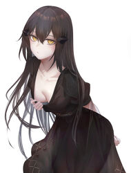  arm_behind_back black_dress black_hair breasts closed_mouth collarbone commentary dandelion_(girls&#039;_frontline) downblouse dress english_commentary female girls&#039;_frontline hair_between_eyes highres leaning_forward long_hair looking_at_viewer medium_breasts ru_zhai short_sleeves simple_background solo white_background yellow_eyes 