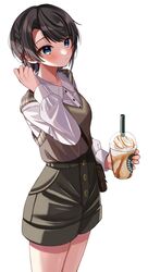  alternate_costume asymmetrical_hair bad_id bad_twitter_id bag black_hair black_shorts blue_eyes blush braid breasts brown_vest closed_mouth collared_shirt commentary cowboy_shot cup drink female french_braid frilled_shirt frilled_shirt_collar frills hair_ribbon handbag highres holding holding_cup holding_drink hololive long_sleeves moonbell oozora_subaru red_ribbon ribbon shirt shirt_tucked_in short_hair short_shorts shorts simple_background single_braid small_breasts solo swept_bangs vest virtual_youtuber white_background white_shirt wing_collar 