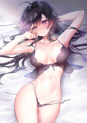  ahoge babydoll bare_shoulders black_bra black_hair black_panties blush bra breasts cleavage collarbone female highres large_breasts long_hair looking_at_viewer lying mole mole_under_eye navel original panties purple_eyes smile solo thighs underwear yukimiya_yuge 