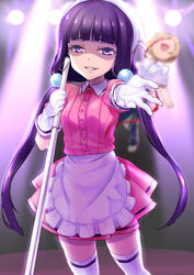  1000_(1000mm) apron blend_s blunt_bangs broom collared_shirt cowboy_shot dress_shirt female floating_hair gloves grin highres holding holding_broom long_hair looking_at_viewer miniskirt pink_shirt pink_skirt pleated_skirt purple_eyes purple_hair sakuranomiya_maika shaded_face shirt short_sleeves skirt smile solo standing stile_uniform thighhighs twintails very_long_hair waist_apron white_apron white_gloves white_thighhighs wing_collar zettai_ryouiki 