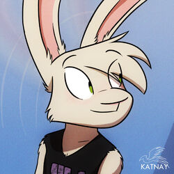  1:1 anthro bust_portrait clothing davo_(katnay) fur green_eyes head_tuft hi_res katnay lagomorph leporid long_ears male mammal portrait rabbit shirt simple_background sleeveless_shirt smile solo tan_body tan_fur topwear tuft worn_down_children 