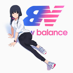  arm_support black_hair black_leggings commentary female full_body hibike!_euphonium highres kamo_kamen leaning_back leggings liz_to_aoi_tori long_hair looking_at_viewer lying new_balance on_side red_eyes scrunchie shirt shoes sneakers solo symbol-only_commentary t-shirt twisted_torso watch white_background white_shirt yoroizuka_mizore 