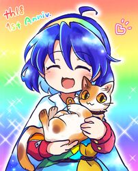  ahoge animal blue_hair blush cloak dress feline female goutokuji_mike goutokuji_mike_(cat) hair_between_eyes hairband heart long_sleeves multicolored_clothes multicolored_dress multicolored_hairband open_mouth patchwork_clothes pote_(ptkan) rainbow_gradient short_hair sky_print smile solo sparkle tenkyuu_chimata touhou upper_body white_cloak 