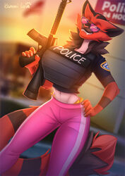  2020 5_fingers anthro big_breasts bottomwear breasts bulletproof_vest clothing day detailed_background digital_media_(artwork) eyewear female fingers generation_7_pokemon glasses gun holding_gun holding_object holding_ranged_weapon holding_weapon incineroar kammi-lu midriff navel nintendo outside pants pokemon pokemon_(species) police ranged_weapon sky smile solo weapon yoga_pants 