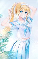  a20_(atsumaru) absurdres arms_behind_head arms_up blonde_hair blue_eyes blue_skirt borrowed_character cowboy_shot crop_top crop_top_overhang female hair_tie hairband high-waist_skirt highres holding long_hair looking_at_viewer midriff neckerchief original parted_lips pleated_skirt ponytail sailor_collar school_uniform serafuku shirt short_sleeves skirt solo tying_hair white_shirt 