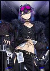  andreana_(arknights) arknights bad_id bad_pixiv_id belt blue_eyes blue_hair closed_mouth clothes_lift cno female fingerless_gloves gloves goggles goggles_on_head highres lifting_own_clothes looking_at_viewer mask navel shirt_lift short_hair stomach 