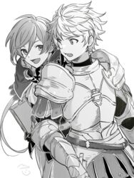  2boys aged_down armor ascot bad_id bad_pixiv_id belt book cheek_poking commentary_request feb_itk frown gawain_(granblue_fantasy) gloves granblue_fantasy greyscale highres holding holding_book lamorak_(granblue_fantasy) long_hair looking_back male_focus monochrome multiple_boys open_mouth poking ponytail short_hair smile turtleneck white_background 