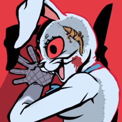  2021 anthro blonde_hair blood bodily_fluids bow_tie breasts clothing costume digital_media_(artwork) female five_nights_at_freddy&#039;s fursuit hair hi_res holding_object holding_weapon humanoid knife lagomorph leporid mammal multicolored_body open_mouth open_smile rabbit red_eyes skylordlysander smile solo stitch_(sewing) vanny_(fnaf) video_games weapon whiskers white_body 