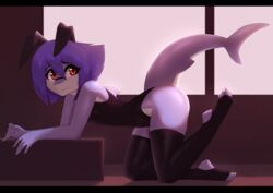  2020 3_toes 5_fingers all_fours anthro black_bars bunny_costume clothing costume digital_media_(artwork) feet female fin fingers fish flat_chested footwear hair hi_res legwear leotard marine purple_hair shark socks solo stirrup_socks toes xaenyth xaenyth_(character) 