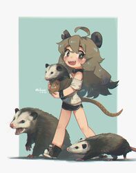  :d ahoge artist_name bag bare_shoulders black_collar black_footwear black_shorts blue_background blush borrowed_character brown_eyes brown_hair collar commentary dated english_commentary fangs female grey_background hair_between_eyes highres holding holding_bag long_hair off_shoulder opossum original paper_bag porforever possum_ears possum_girl possum_tail shirt shoes short_shorts short_sleeves shorts smile solo two-tone_background very_long_hair walking white_shirt 