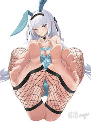  absurdres animal_ears blue_eyes blue_leotard breasts cameltoe cleavage clothing_cutout commission dai-you_(tony_taka) detached_collar fake_animal_ears feet female fishnet_pantyhose fishnets foot_focus foot_pussy foreshortening heart heart_cutout heart_hands highres leotard long_hair looking_at_viewer no_shoes original pantyhose playboy_bunny presenting_foot rabbit_ears soles stirrup_legwear tan_liao toeless_legwear toes white_hair 