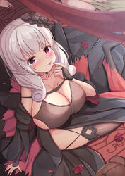  azur_lane black_dress black_thighhighs blush breasts cleavage closed_mouth collarbone dress drill_hair drill_sidelocks female finger_to_mouth highres inari_jin jewelry large_breasts licking_lips lips long_hair looking_at_viewer luetzow_(azur_lane) luetzow_(everlasting_blood_banquet)_(azur_lane) necklace official_alternate_costume purple_eyes sidelocks sitting solo thighhighs thighs tongue tongue_out white_hair 