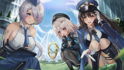  3girls :d absurdres aqua_eyes arm_tattoo armband ass bare_shoulders black_footwear black_gloves black_headwear black_jacket black_pantyhose black_skirt blue_bow blue_bowtie blue_coat blue_headwear blue_necktie blue_skirt blue_sky blush boots bow bowtie breasts brid_(nikke) bridal_gauntlets brown_eyes brown_hair building candy closed_mouth cloud coat collared_shirt commentary cross-laced_footwear day diesel_(nikke) elvandec food fountain gauntlets gloves goddess_of_victory:_nikke grass grey_hair hair_between_eyes hair_ornament hairclip hand_up hat highres holding holding_candy holding_food index_finger_raised infinity_rail_(nikke) jacket knee_boots lace-up_boots large_breasts long_hair long_skirt looking_at_viewer low_ponytail multiple_girls necktie open_clothes open_coat open_mouth outdoors pantyhose parted_lips peaked_cap pleated_skirt shadow shirt sideboob sideless_shirt sidelocks skirt sky skyscraper sleeveless sleeveless_shirt smile soline_(nikke) squatting tablet_pc tattoo teeth thigh_strap upper_teeth_only very_long_hair white_gloves white_skirt 