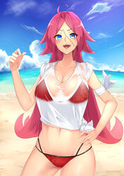  absurdres ahoge bikini blue_eyes breasts cleavage collarbone commentary_request fate/grand_order fate_(series) female francis_drake_(fate) hand_on_own_hip highres kyoken large_breasts long_hair navel outdoors pink_hair red_bikini scar scar_on_face see-through see-through_shirt shirt solo stomach swimsuit t-shirt tied_shirt very_long_hair wet wet_clothes wet_shirt white_shirt 