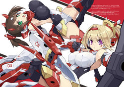  2girls arm_blade asura_archer asura_ninja black_gloves black_leotard blonde_hair bouncing_breasts breasts brown_hair gloves green_eyes hair_intakes holding holding_weapon large_breasts leotard mecha_musume megami_device memento_vivi multiple_girls ponytail thighhighs v-shaped_eyebrows weapon white_leotard 