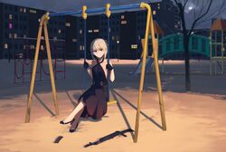  an-94 an-94_(girls&#039;_frontline) an-94_(silent_rouge)_(girls&#039;_frontline) aqua_eyes assault_rifle bare_shoulders black_dress black_footwear blonde_hair breasts closed_mouth collarbone crossed_legs dress female girls&#039;_frontline gun hair_ornament high_heels highres hinami047 long_hair looking_at_viewer magazine_(weapon) official_alternate_costume rifle russia scenery sitting sky sleeveless sleeveless_dress small_breasts snow solo weapon weapon_on_floor winter 