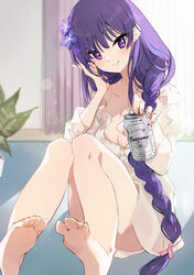  barefoot beer_can blue_hair blurry blurry_background blush braid breasts can cleavage closed_mouth collarbone collared_shirt commentary_request curtains depth_of_field dress_shirt drink_can feet female flower foreshortening genshin_impact hair_flower hair_ornament hair_over_shoulder hand_up head_tilt highres holding holding_can long_hair long_sleeves looking_at_viewer medium_breasts multicolored_hair naked_shirt purple_eyes purple_flower purple_hair raiden_shogun shadowsinking shirt single_braid smile soles solo streaked_hair toes very_long_hair white_shirt 