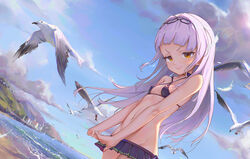  bare_arms bare_shoulders bikini bingwei_huang bird blue_sky blunt_bangs breasts choker closed_mouth cloud criss-cross_halter day dutch_angle female grey_hair groin hairband halterneck highres hololive light_smile long_hair looking_at_viewer lowleg microskirt murasaki_shion murasaki_shion_(hololive_summer_2019) navel ocean official_alternate_costume outdoors pleated_skirt purple_bikini purple_skirt seagull skirt sky small_breasts solo standing stomach summer swimsuit virtual_youtuber wind yellow_eyes 