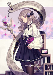  absurdres black_pantyhose book brown_eyes female flower grey_hair hair_flower hair_ornament highres holding holding_staff kusano_shinta long_hair original pantyhose pleated_skirt profile shirt skirt snake solo staff standing white_shirt 