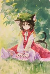  animal_ear_piercing animal_ears between_legs brown_eyes brown_hair cat_ears cat_tail chen dress female fingernails full_body grass half-closed_eyes hand_between_legs hat jewelry kaigen_1025 long_fingernails long_sleeves looking_at_viewer mob_cap multiple_tails no_shoes outdoors puffy_sleeves short_hair sitting smile socks solo spread_legs tail touhou white_socks 