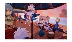  2girls 4boys aether_(genshin_impact) albedo_(genshin_impact) bad_id bad_twitter_id barbara_(genshin_impact) barbara_(summertime_sparkle)_(genshin_impact) beach beach_umbrella beer_mug blonde_hair blue_eyes blurry blurry_background border bottle chair closed_eyes closed_mouth cup detached_sleeves diluc_(genshin_impact) dress drill_hair evening food genshin_impact gloves grey_hair halo long_hair mug multiple_boys multiple_girls open_mouth outdoors paimon_(genshin_impact) partially_fingerless_gloves razor_(genshin_impact) red_eyes romper scar scar_on_face shirt shorts sitting skewer smile squatting standing sui25jiyuu table twin_drills twintails umbrella v white_dress white_hair white_romper 