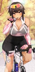  absurdres bicycle bike_shorts biting black_bra bottle bra breasts cleavage covered_navel detached_sleeves eyewear_on_head female fingerless_gloves fishnet_top fishnets glove_biting gloves highres jovejun knees large_breasts original outdoors riding riding_bicycle sanpaku short_hair short_hair_with_long_locks shorts solo sports_sunglasses sunglasses sweat thick_eyebrows tight_clothes tsubomioka_happa underwear water_bottle 