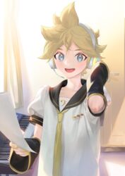  1boy arm_warmers bass_clef black_sailor_collar blonde_hair blue_eyes commentary copyright_name curtains door door_handle hand_on_headphones headphones holding holding_paper instrument kagamine_len keyboard_(instrument) looking_at_viewer male_focus nail_polish naoko_(naonocoto) necktie open_mouth paper sailor_collar shirt short_ponytail short_sleeves sidelighting smile solo spiked_hair upper_body vocaloid white_shirt window yellow_nails yellow_necktie 