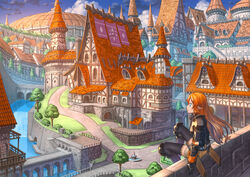  architecture armor blue_eyes bridge bush cityscape cloud commentary dome elf fantasy female fountain gloves greaves long_hair nagi_itsuki orange_hair original pointy_ears railing river road scenery shorts shorts_rolled_up sitting sitting_on_wall sky smile solo spire stairs thighhighs tree turtleneck wall water waterfall wind zettai_ryouiki 