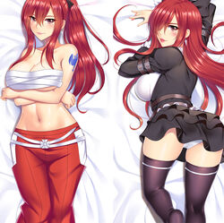  bandaged_chest bandages black_dress breasts chest_sarashi dakimakura_(medium) dress erza_scarlet fairy_tail female highres large_breasts long_hair multiple_views navel panties pink_lips red_hair sarashi stomach underwear yuj_(moemarket) 