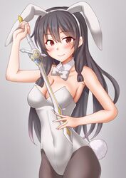  alternate_costume animal_ears anti_(untea9) bare_shoulders black_hair blush bow bowtie breasts cleavage covered_navel detached_collar fake_animal_ears female gradient_background grey_background hair_ribbon highres isokaze_(kancolle) kantai_collection leotard long_hair looking_at_viewer medium_breasts pantyhose playboy_bunny rabbit_ears rabbit_tail red_eyes ribbon school_uniform smile solo strapless strapless_leotard sword tail traditional_bowtie weapon white_leotard 