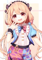  absurdres alternate_costume belt beret blonde_hair bow bowtie checkered_shorts commentary_request contrapposto cowboy_shot cropped_jacket female fingernails futaba_anzu gunjou_row hair_between_eyes hair_bobbles hair_ornament hand_on_own_cheek hand_on_own_face hat hat_ribbon head_tilt highres idolmaster idolmaster_cinderella_girls jacket light_brown_background long_hair low_twintails open_clothes open_jacket polka_dot polka_dot_bow polka_dot_bowtie puffy_short_sleeves puffy_sleeves ribbon shirt short_sleeves simple_background solo standing striped striped_ribbon twintails two-tone_bow very_long_hair white_hat white_shirt wrist_cuffs 