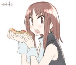  bare_shoulders black_shirt blush brown_eyes brown_hair commentary_request female food hands_up holding holding_food long_hair looking_at_viewer okano_kei open_mouth parted_bangs pizza pizza_slice shirt signature simple_background sleeveless sleeveless_shirt solo umiroku v-shaped_eyebrows white_background wrist_cuffs yuyushiki 