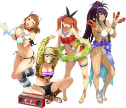  4girls amanomiya_ayame animal_ears animal_print arm_ribbon arms_up bell bertha_bernstein bikini bikini_skirt black_scrunchie blowing_bubbles blunt_bangs blush_stickers boombox bouncing_breasts bracelet breasts bridal_garter brown_eyes brown_hair cat_ears cat_tail chewing_gum cleavage clenched_hand collar crossed_ankles cup drink drinking_glass eating extra_ears eyewear_hang fake_animal_ears fake_tail floral_print food footwear_flower frilled_bikini frills full_body gladiator_sandals gloves goggles goggles_around_neck green_innertube hair_bobbles hair_ornament hairband halterneck hat heart heart_hair_ornament heart_print high_ponytail highres holding holding_cup holding_food holding_swim_ring innertube jewelry katrina_company kebab large_breasts leg_warmers leopard_print long_hair long_sleeves looking_at_viewer multiple_girls nail_polish navel neck_bell official_art olive_oppert one_eye_closed open_mouth polka_dot polka_dot_bikini purple_hair red_bikini red_eyes ribbon sandals sarong scrunchie shoes short_hair short_shorts shorts side-tie_bikini_bottom sidelocks small_breasts sneakers standing super_robot_wars super_robot_wars_x-omega sweat swim_ring swimsuit tail teeth toenail_polish toenails transparent_background two_side_up unworn_eyewear upper_teeth_only watanabe_wataru_(character_designer) wet white_bikini white_gloves white_nails wrist_scrunchie 