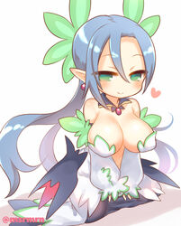  bad_id bad_pixiv_id bare_shoulders blue_hair blush breasts cleavage closed_mouth commentary_request copyright_request detached_sleeves disgaea dress earrings female green_eyes grey_background hair_between_eyes heart jewelry large_breasts long_hair long_sleeves makai_senki_disgaea_5 mashiro_miru parted_bangs pointy_ears puffy_long_sleeves puffy_sleeves sage_(disgaea) shadow sidelocks sleeves_past_wrists smile solo strapless strapless_dress twitter_username very_long_hair white_dress white_sleeves 