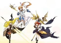  3girls absurdres adapted_weapon ankle_boots armored_skirt bardiche_(nanoha) bardiche_(zanber_form)_(nanoha) bird_wings black_coat black_dress black_footwear black_gloves black_ribbon black_skirt black_thighhighs black_wings blonde_hair blue_eyes boots bracer brown_hair bygddd5 cape closed_eyes coat commentary_request dress energy_sword fate_testarossa fate_testarossa_(impulse_form) fingerless_gloves flying gloves hair_ornament hair_ribbon highres holding holding_staff holding_sword holding_weapon jacket long_skirt long_sleeves looking_at_another looking_back lyrical_nanoha magical_girl mahou_shoujo_lyrical_nanoha_strikers multiple_girls open_mouth overskirt raising_heart raising_heart_(blaster_bit) raising_heart_(exceed_mode) ribbon schwertkreuz shirt short_dress side_ponytail single_horizontal_stripe skirt smile socks staff sword takamachi_nanoha takamachi_nanoha_(exceed_mode) thighhighs tome_of_the_night_sky trench_coat weapon white_cape white_footwear white_jacket white_ribbon white_shirt white_skirt wings x_hair_ornament yagami_hayate 