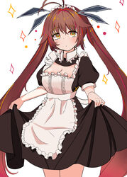  absurdres alternate_costume apron breasts brown_hair cla_(finesoda) cleavage commentary_request curtsey enmaided female girls&#039;_frontline highres korean_commentary long_skirt m14_(girls&#039;_frontline) maid maid_apron maid_headdress photoshop_(medium) skirt skirt_hold solo yellow_eyes 