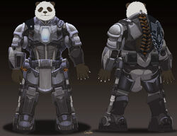  2018 5_fingers anthro armor bear claws exoskeleton exosuit eye_spots fingers front_view fur giant_panda grey_background hi_res kzlion machine mammal multicolored_body multicolored_fur multiple_angles power_armor rear_view science_fiction simple_background solo standing two_tone_body two_tone_fur 