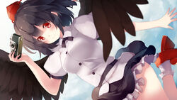  arm_up belt black_belt black_hair black_ribbon black_skirt black_wings blue_sky blush bobby_socks breasts camera cloud commentary_request cowboy_shot day feathered_wings female gengetsu_chihiro geta hair_between_eyes hat highres holding holding_camera looking_at_viewer medium_breasts microskirt neck_ribbon outdoors petticoat photoshop_(medium) puffy_short_sleeves puffy_sleeves red_eyes red_footwear ribbon shameimaru_aya shirt short_hair short_sleeves skirt sky smile socks solo tassel tengu-geta thighs tokin_hat touhou white_shirt white_socks wings 