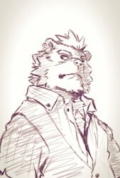  anthro barguest_(tas) bear body_hair chest_hair clothed clothing hair heylaw21 lifewonders line_art male mammal simple_background solo tokyo_afterschool_summoners topwear white_background 