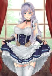  apron azur_lane bare_shoulders belfast_(azur_lane) black_collar black_dress black_gloves blue_eyes blush bow braid breasts chains cleavage collar commentary_request cowboy_shot curtains dress ear_piercing english_commentary female fingerless_gloves french_braid frilled_apron frills garter_straps gauntlets gloves grey_hair highres indoors large_breasts long_hair looking_at_viewer maid maid_apron maid_headdress mickey_dunn mixed-language_commentary petticoat piercing pink_lips skirt_hold smile solo standing thighhighs thighs waist_apron white_apron white_bow white_thighhighs window zettai_ryouiki 