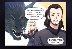  1boy blonde_hair braid brown_eyes daenerys_targaryen dragon drogon english_text female french_braid game_of_thrones highres hinghoi jon_snow long_hair petting purple_eyes speech_bubble teardrop yandere 