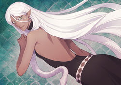  androgynous backless_outfit black_dress commentary_request dark-skinned_female dark_skin dress dutch_angle earrings female jewelry long_hair pixiv_fantasia pixiv_fantasia_last_saga pointy_ears shima108 smile snake solo standing very_long_hair wenham_alvarapis white_hair 