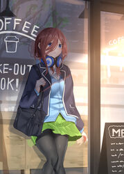  absurdres bag black_pantyhose blue_cardigan blue_eyes brown_hair cardigan coffee commentary_request female go-toubun_no_hanayome green_skirt hair_between_eyes headphones headphones_around_neck highres long_hair long_sleeves nakano_miku outdoors pantyhose pleated_skirt school_bag skirt solo storefront takenoko_27074918 