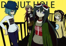  4girls against_railing akemi_homura arm_support beanie beret black_hair black_shirt blonde_hair blue_hair blue_pants boots commentary_request copyright_name cosplay crossover donut_hole_(vocaloid) dress drill_hair goggles goggles_on_head green_jacket grey_shirt gumi gumi_(cosplay) hat hatsune_miku hatsune_miku_(cosplay) head_tilt jacket jewelry kagamine_rin kagamine_rin_(cosplay) long_hair long_sleeves looking_away mahou_shoujo_madoka_magica mahou_shoujo_madoka_magica_(anime) megurine_luka megurine_luka_(cosplay) miki_sayaka multiple_girls necklace pants parted_lips pearl_necklace pokki_(sue_eus) purple_eyes railing red_eyes red_hair sakura_kyoko shirt short_hair simple_background stairs tomoe_mami top_hat twin_drills vocaloid white_shirt yellow_background yellow_dress yellow_eyes 