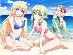  ahoge blonde_hair blush breasts cleavage cow_girl_(goblin_slayer!) day elf goblin_slayer! green_eyes green_hair guild_girl_(goblin_slayer!) high_elf_archer_(goblin_slayer!) highres large_breasts long_hair looking_at_viewer multiple_girls navel open_mouth outdoors pointy_ears priestess_(goblin_slayer!) purple_eyes red_hair short_hair sidelocks smile waifu2x 